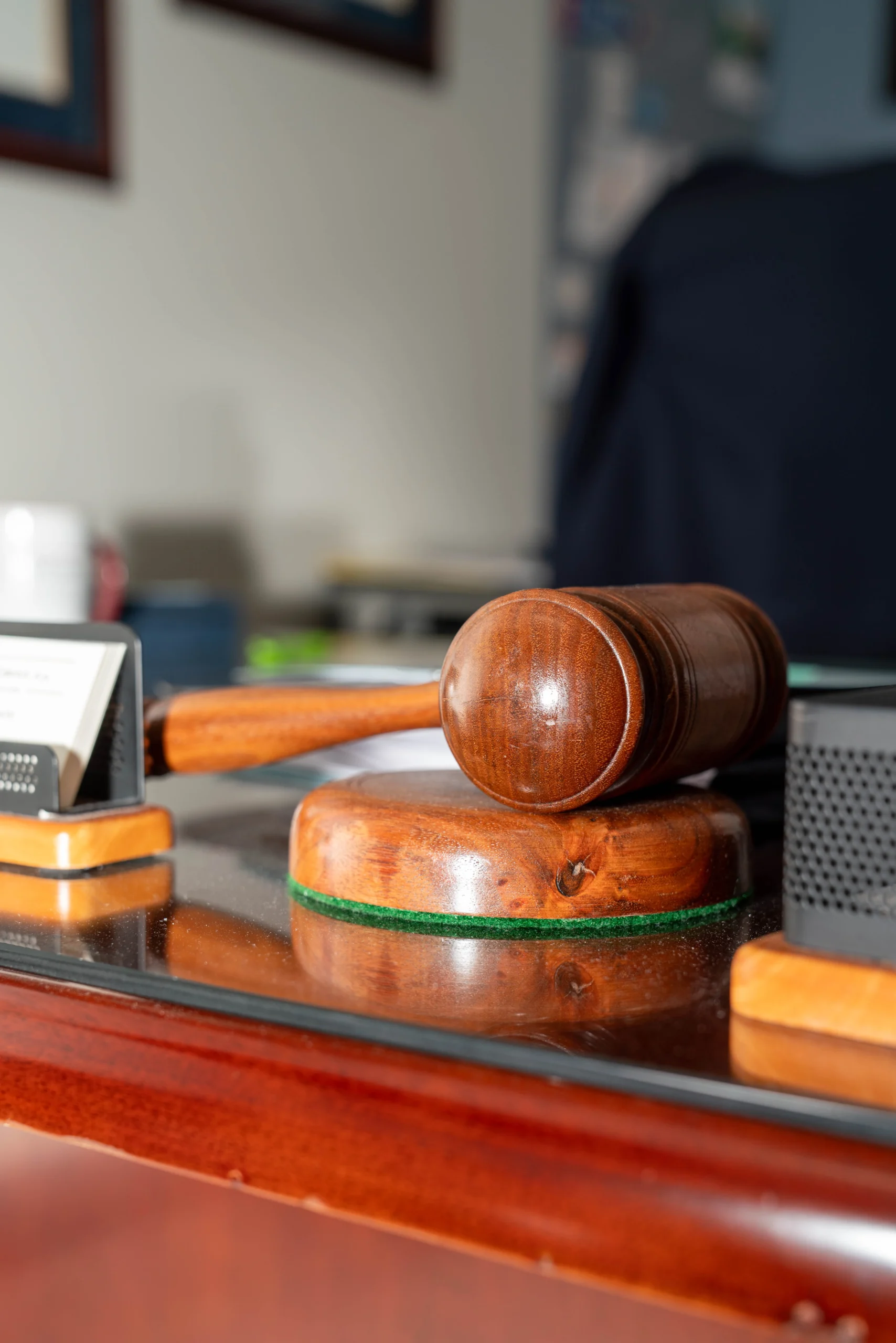 Wooden gavel on desk representing legal representation for motorcycle accident victims in Florida.
