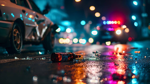 Drunk driving accident scene in Florida involving a damaged vehicle and DUI injury claim investigation