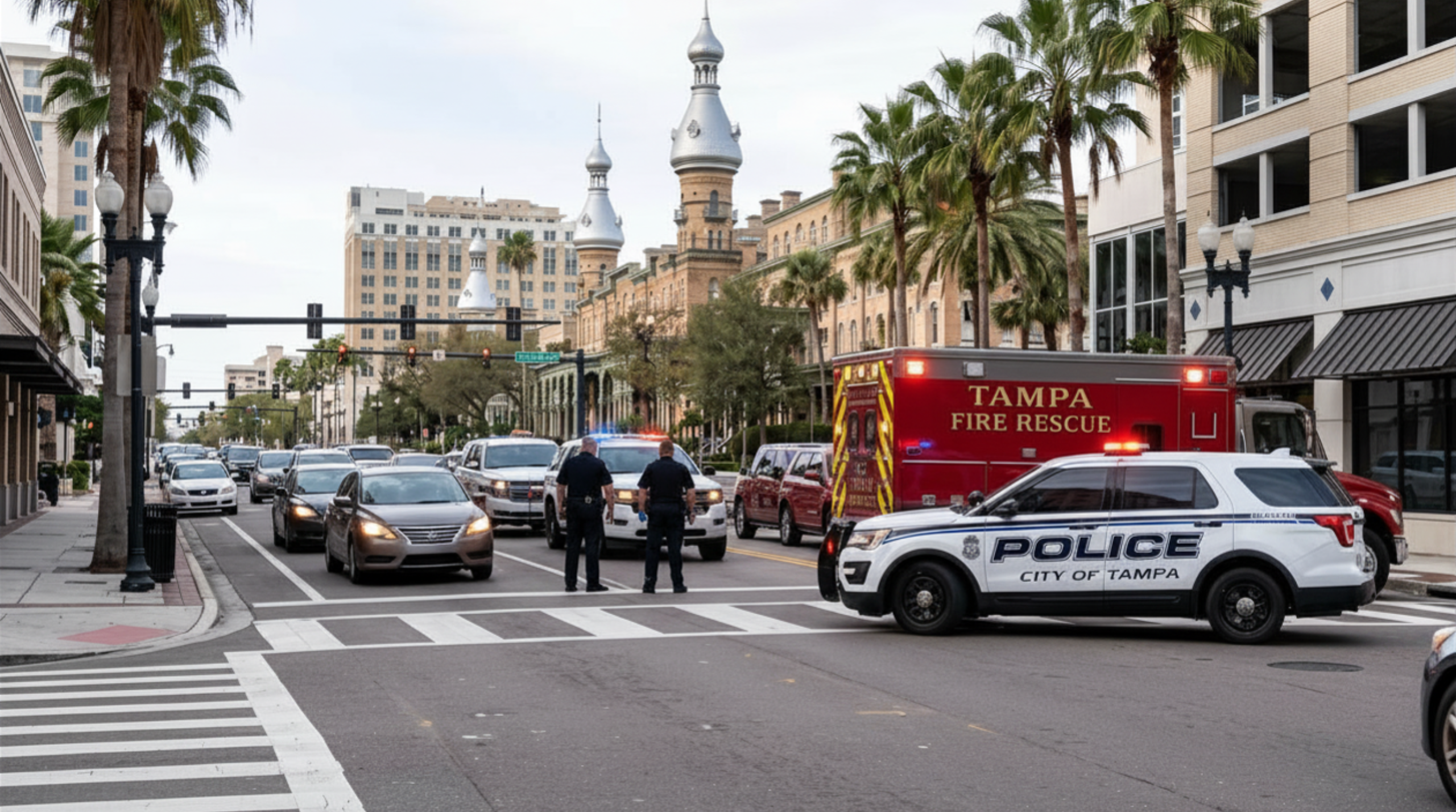 Emergency responders at a pedestrian accident scene in downtown Tampa.