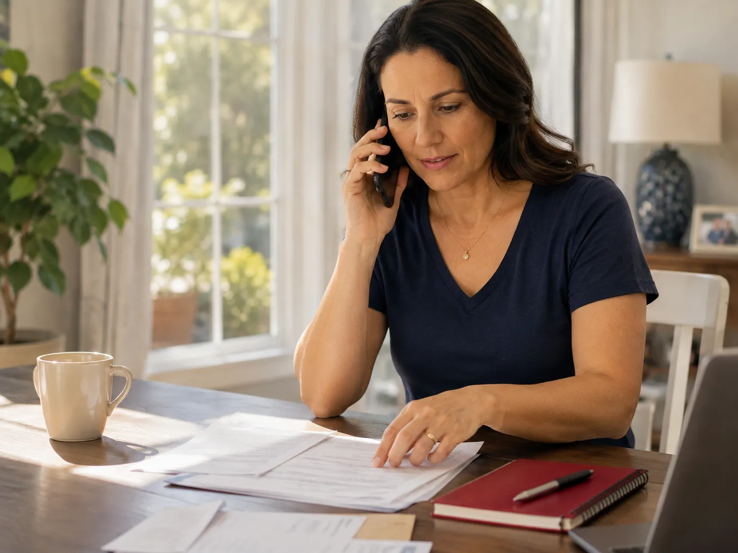 Person on the phone cautious with an insurance adjuster call