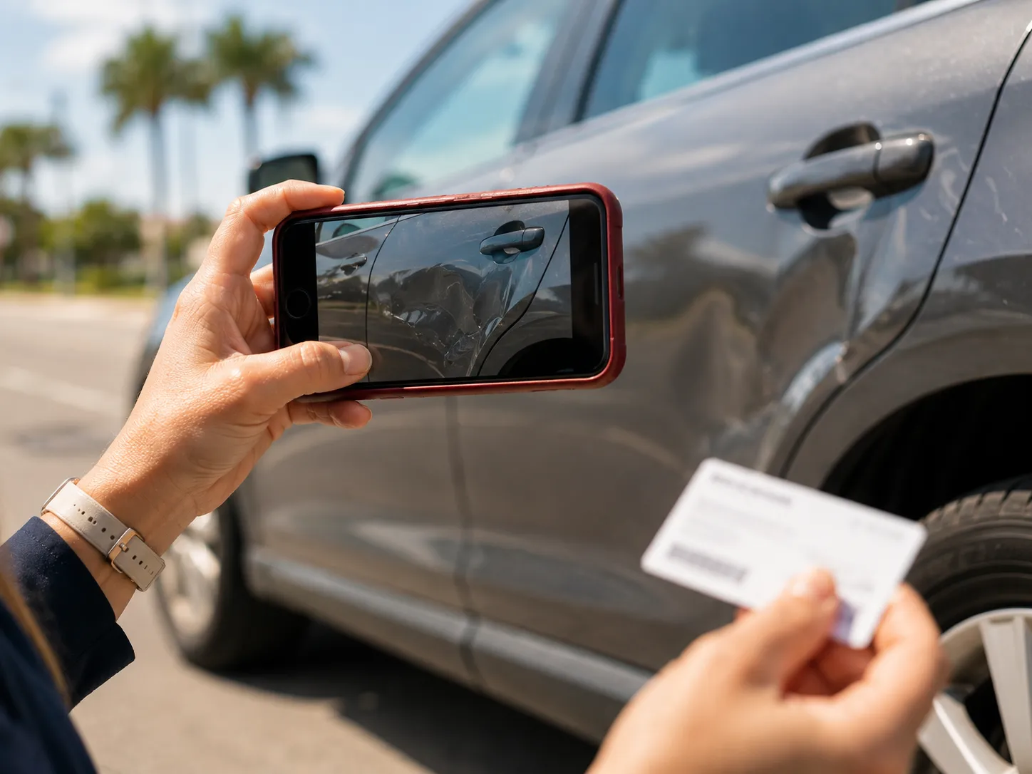 Phone photo documenting vehicle damage and license plate after collision