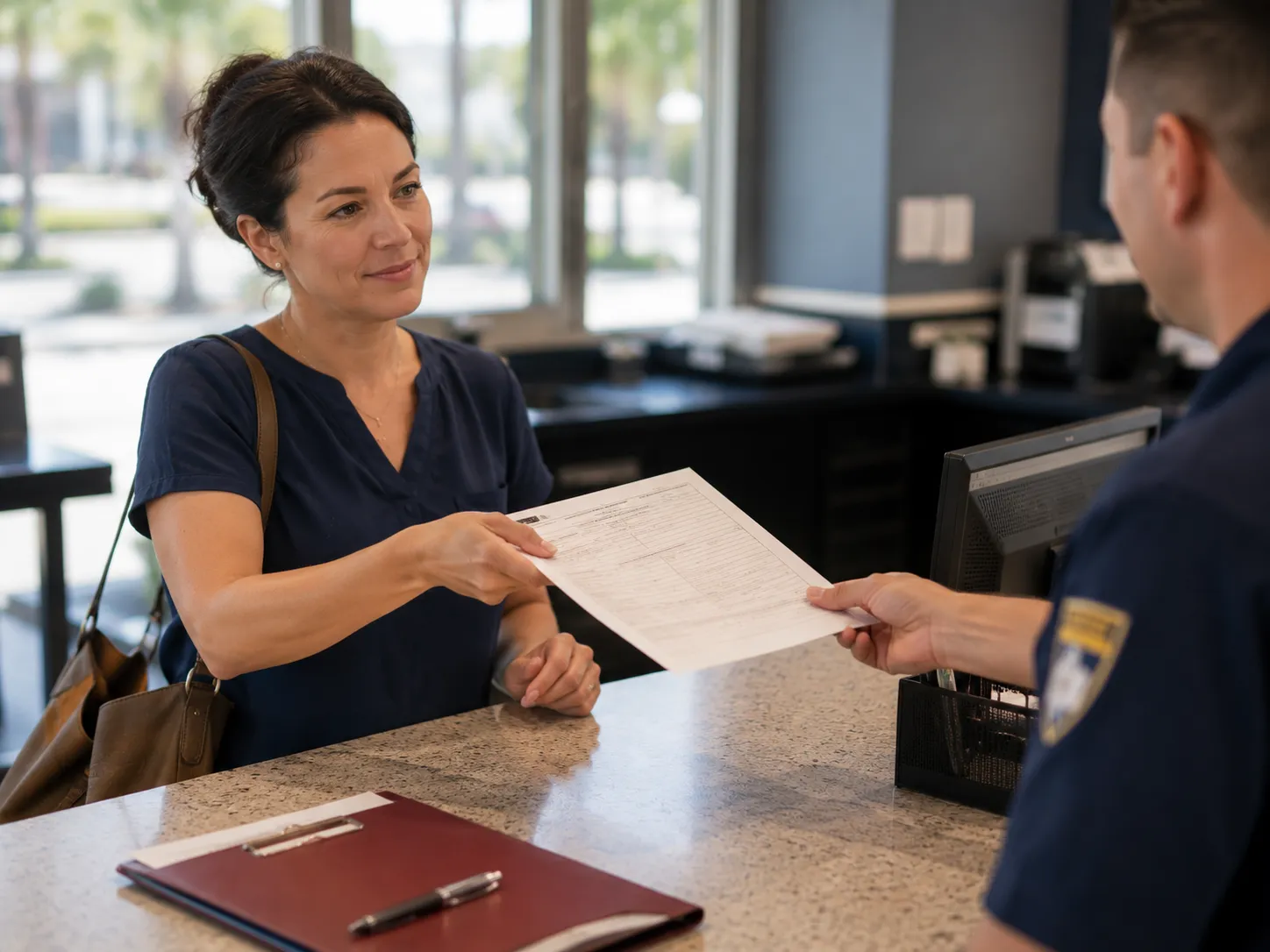 Police officer filing an incident report after an accident