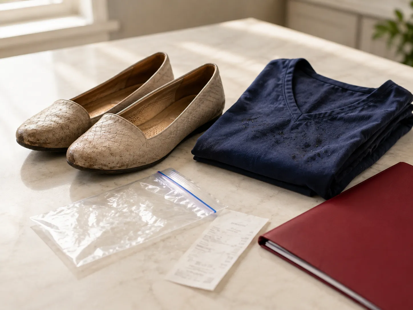 Shoes and clothing kept as evidence after a fall injury