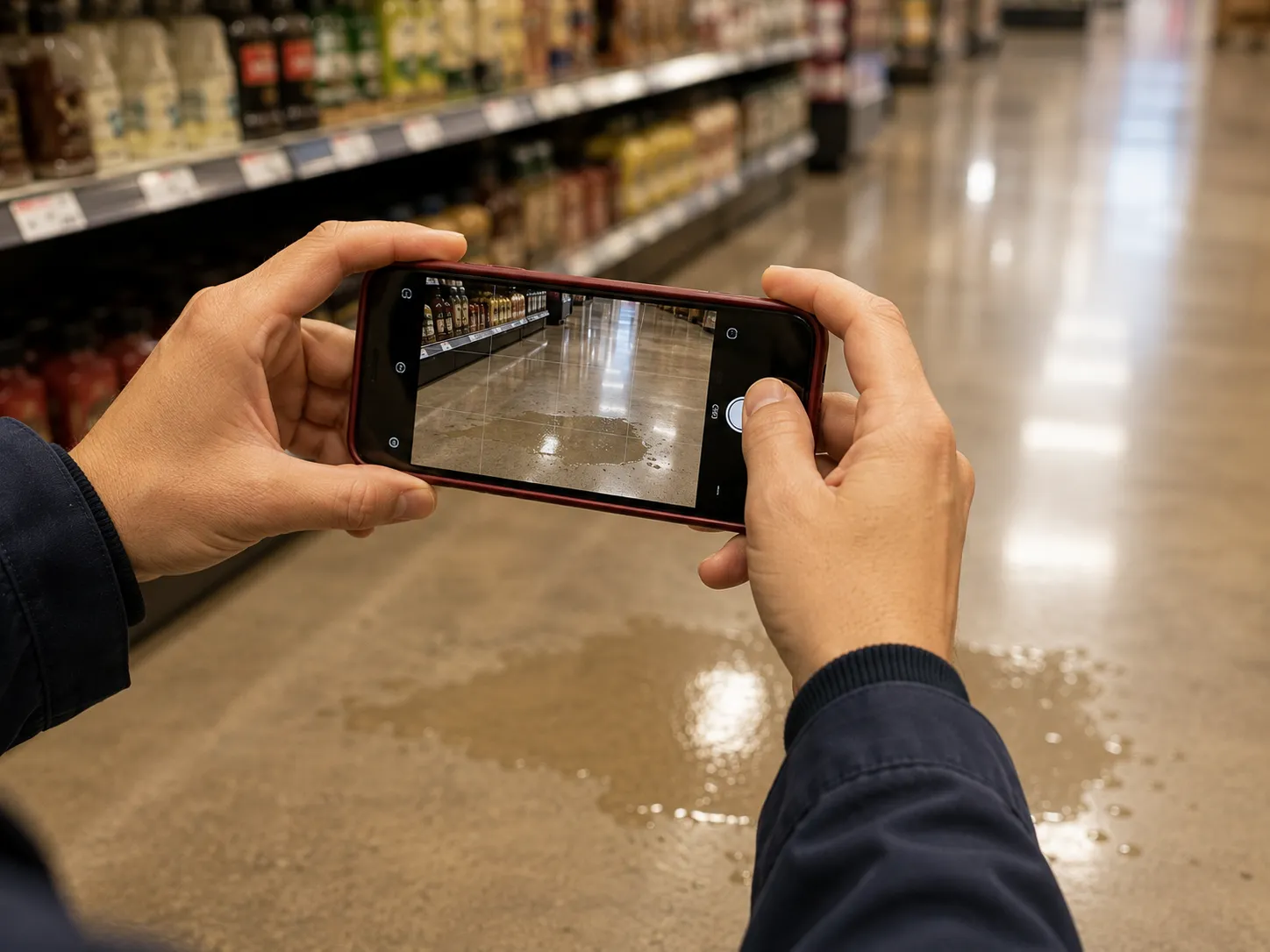 Photographing a wet floor hazard as fall evidence