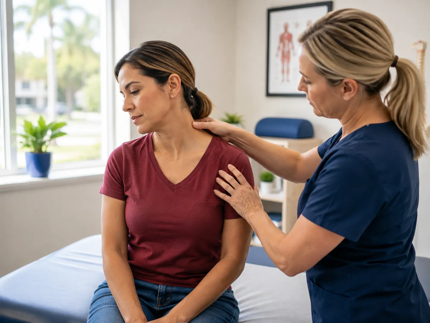 Doctor examining patient for injuries within 14 days of a car accident