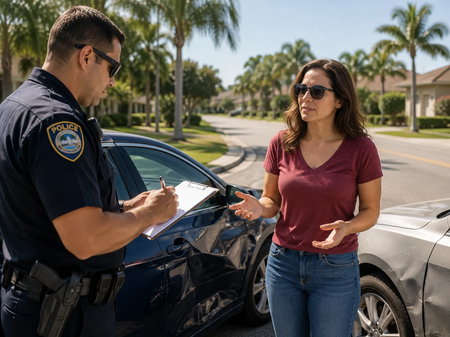 Police officer completing a crash report at an accident scene