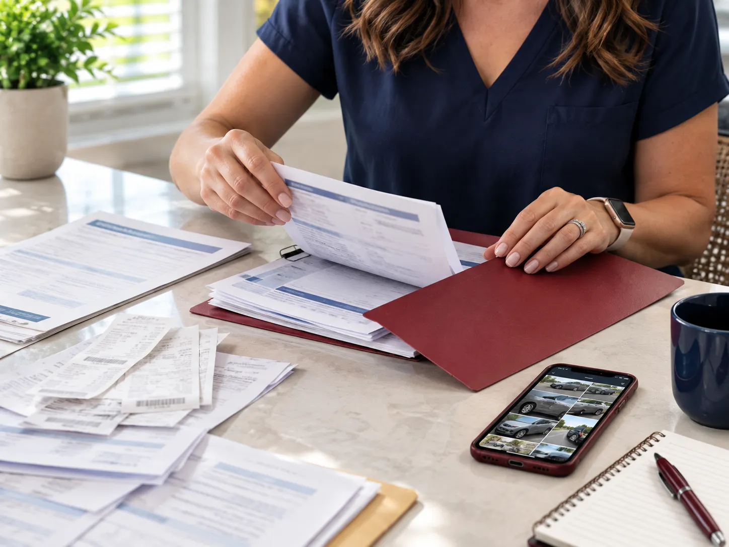 Folder of medical bills and records kept after a car accident claim