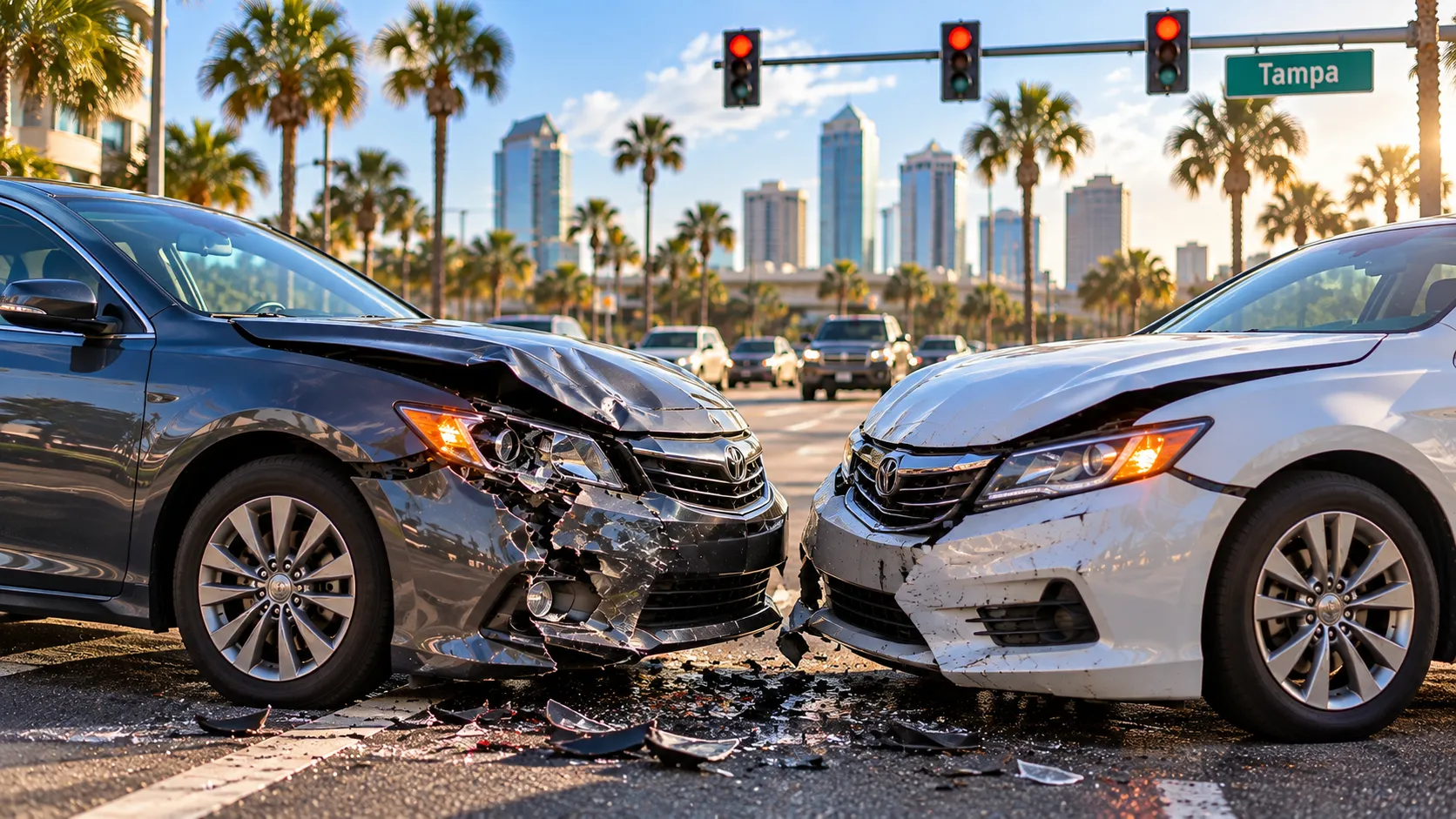 Two cars with crumpled bumpers stopped at a Tampa intersection after a collision.