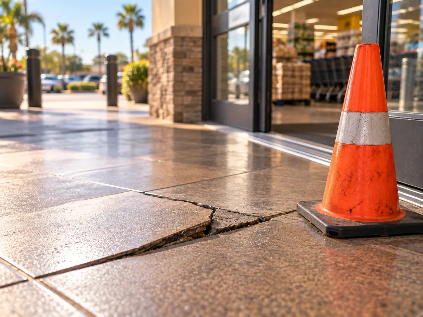 Cracked, uneven tile marked with a caution cone, a common slip and fall hazard.