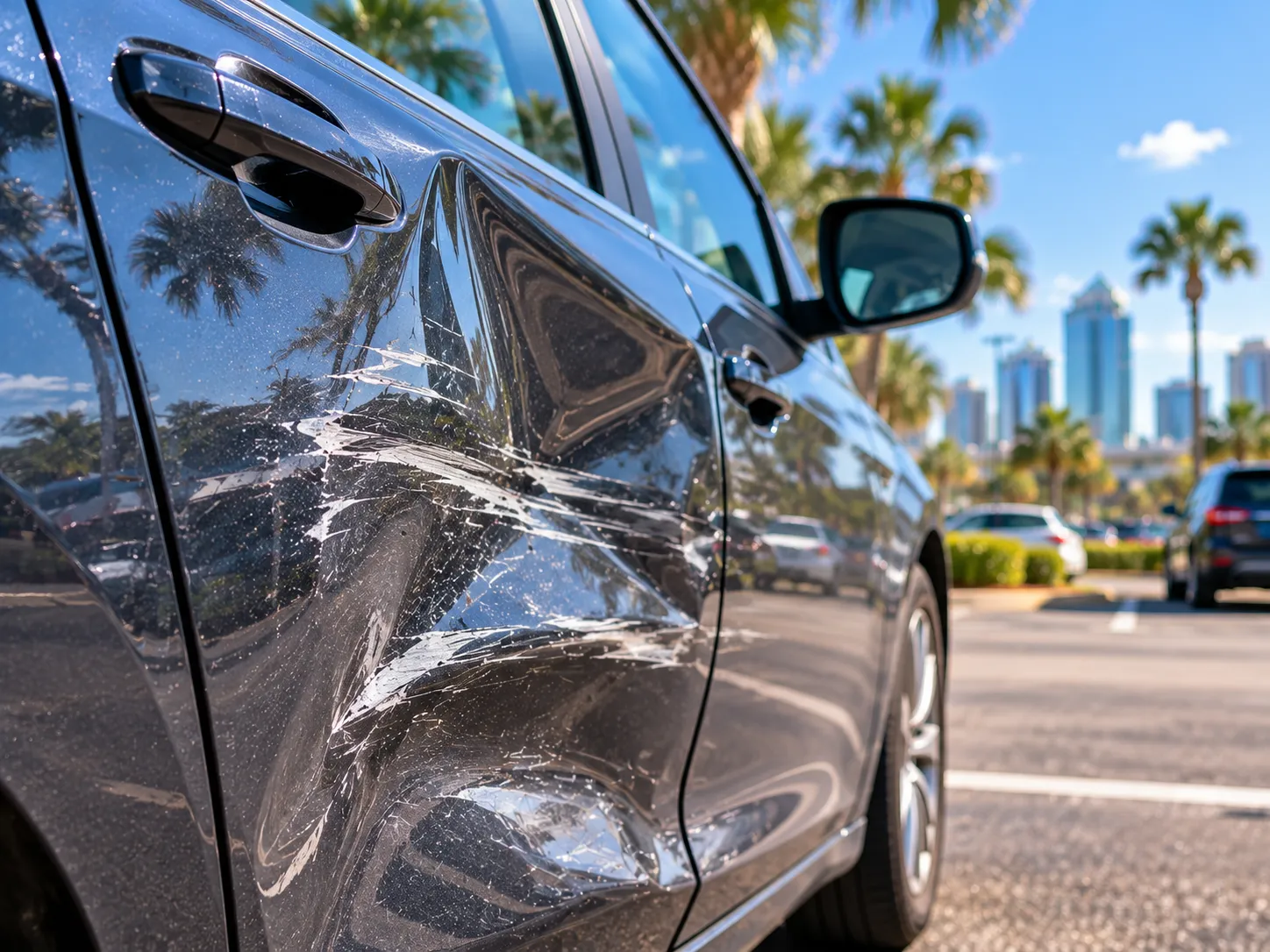 Deep door dent and paint transfer on a car after a Tampa collision.
