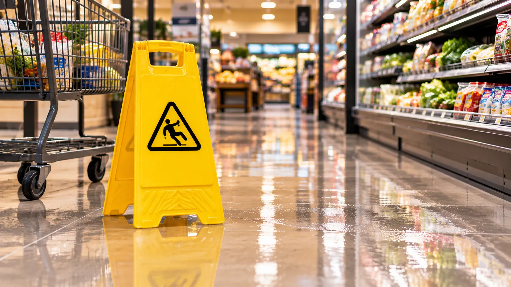 Wet floor caution sign in a Florida store aisle where a slip and fall injury can happen.