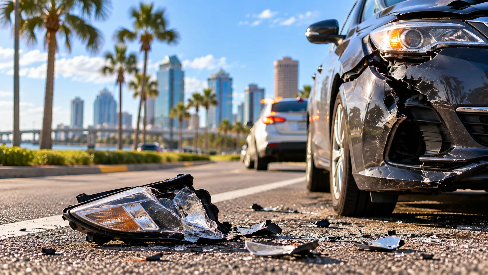 Two cars with crumpled bumpers stopped at a Tampa intersection after a collision.