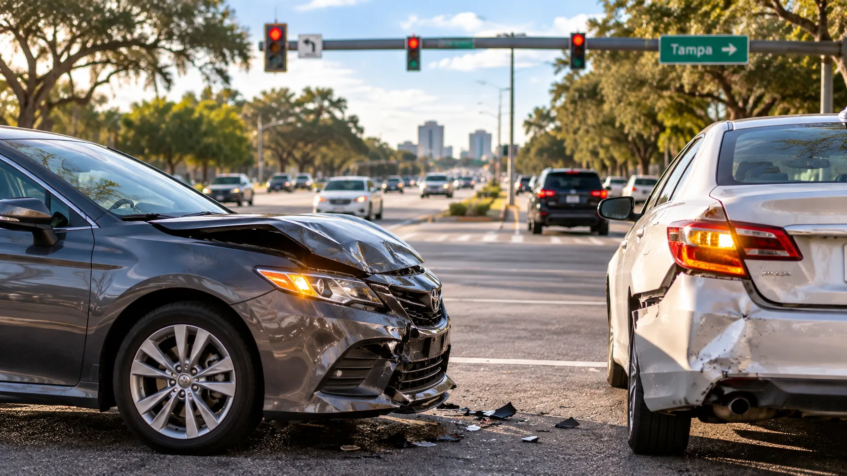 Two cars with crumpled bumpers at a busy Lutz intersection after a crash.