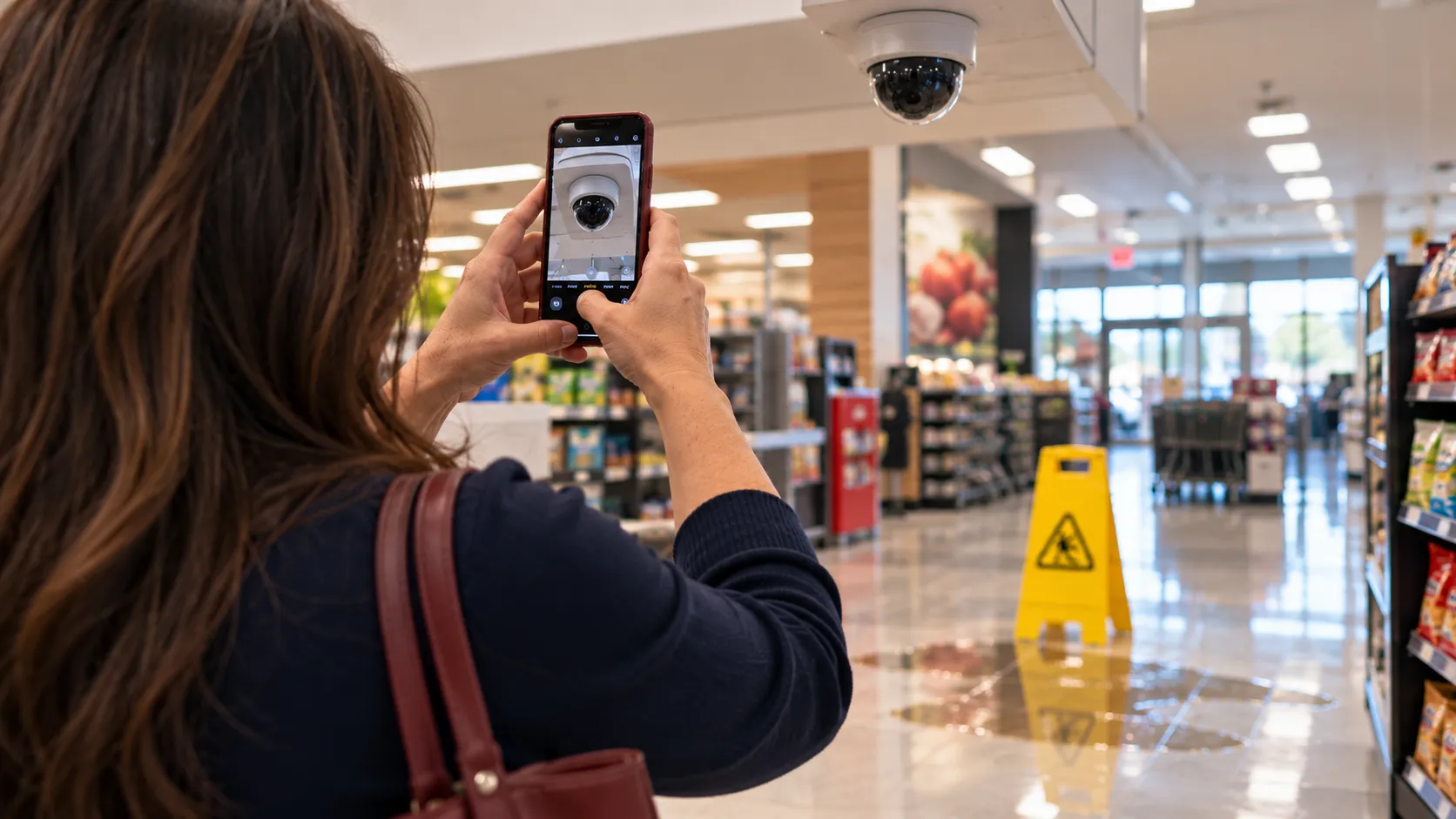 A woman taken a picture of evidence after a slip and fall