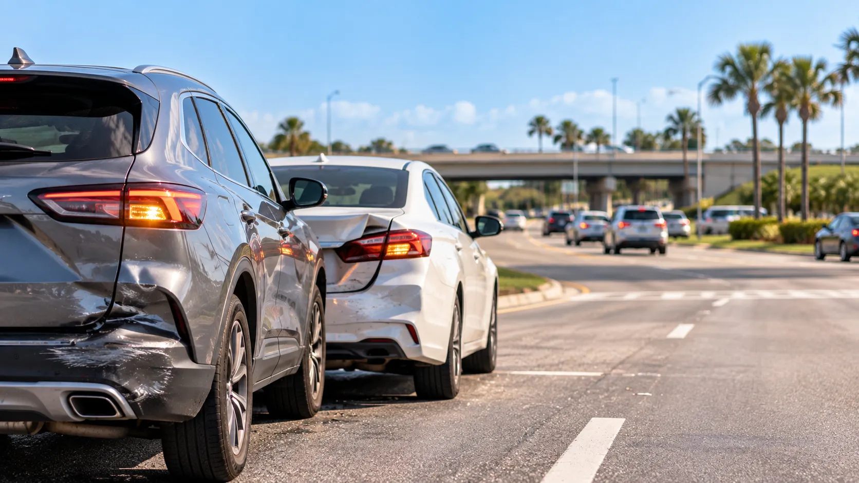 Two cars with crumpled bumpers stopped near a Wesley Chapel interchange after a crash.