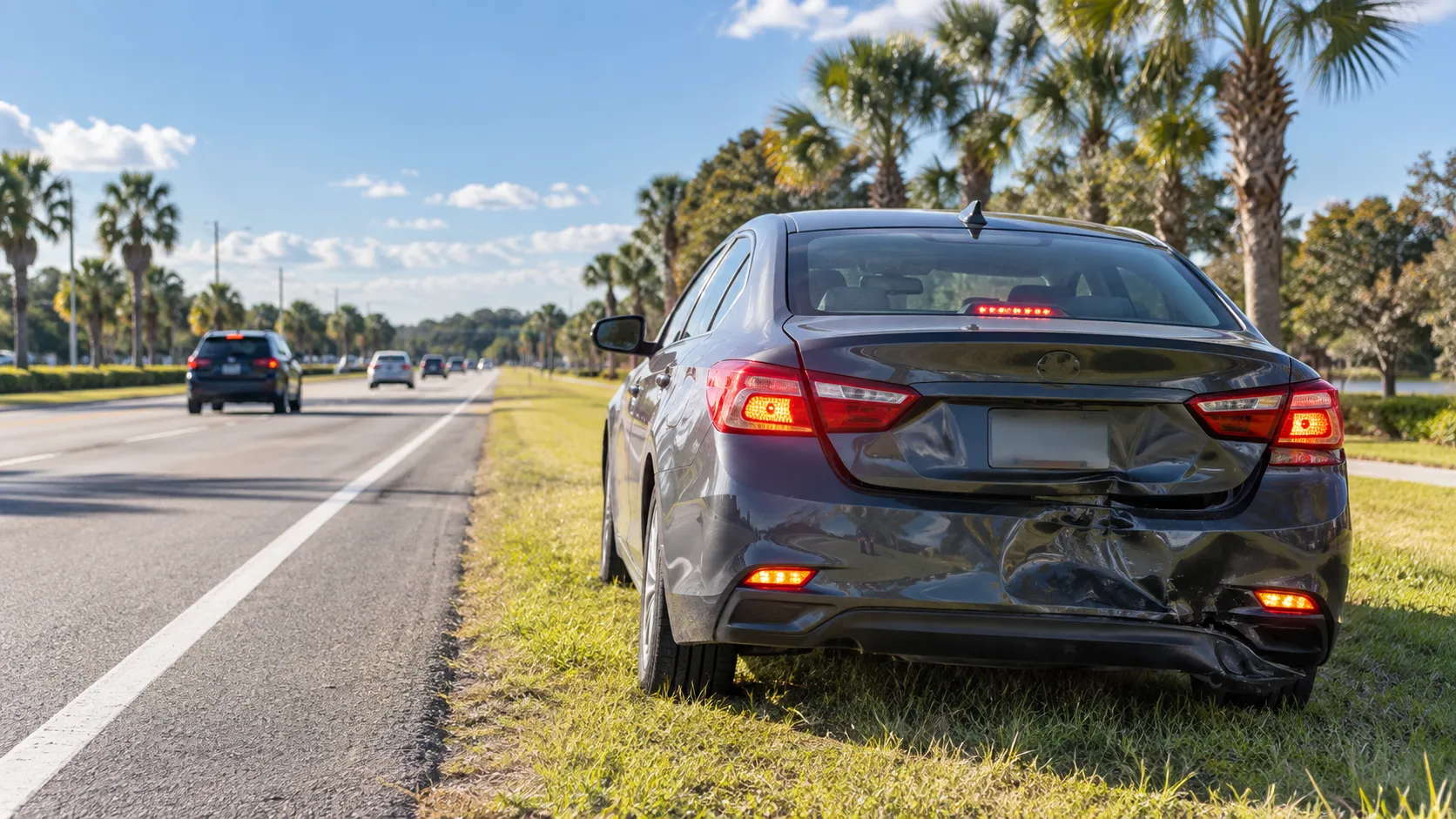 Rear-ended car on a Land O' Lakes road shoulder with hazard lights on after a crash.