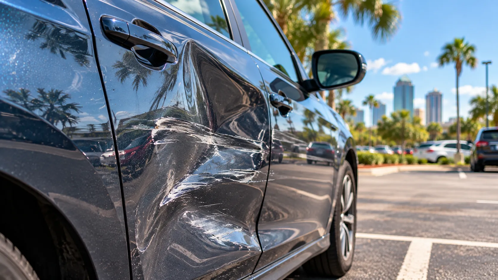 Deep door dent and paint transfer on a car after a Tampa collision.
