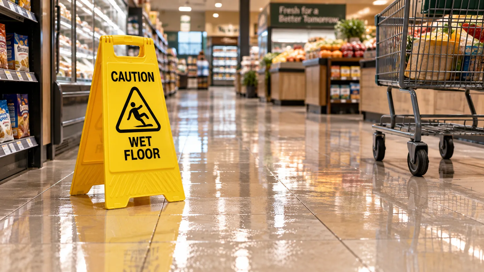 Wet floor caution sign in a Land O' Lakes store aisle where a slip and fall can happen.